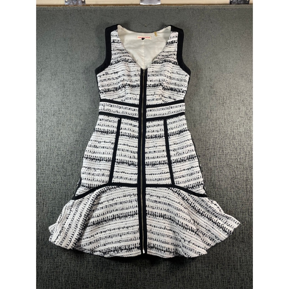 Rebecca Taylor Black White Tweed Zip Front‎ Fit Flare Dress Sleeveless V-Neck 0